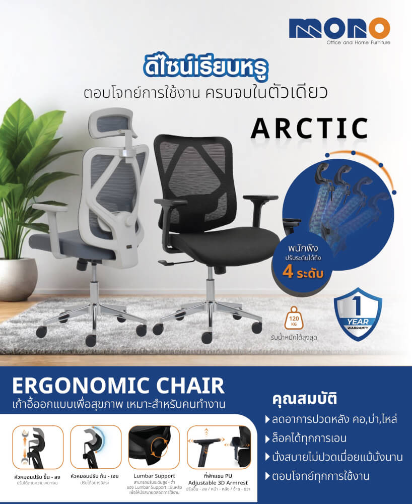 เก้าอี้ทำงานเพื่อสุขภาพ MONO รุ่น ARCTIC/H ผ้าตาข่าย/สีเทา